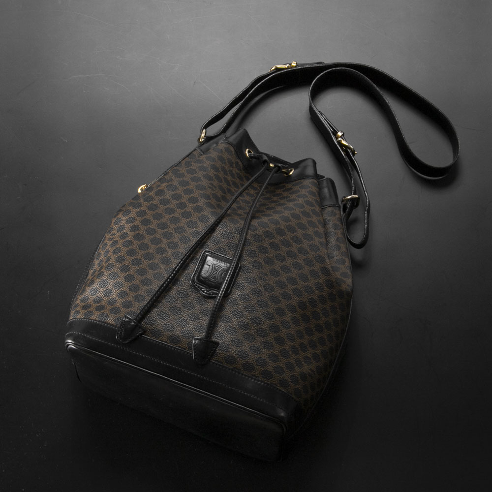 ヴィンテージ・中古】セリーヌ CELINE マカダム柄巾着ショルダーバッグ 